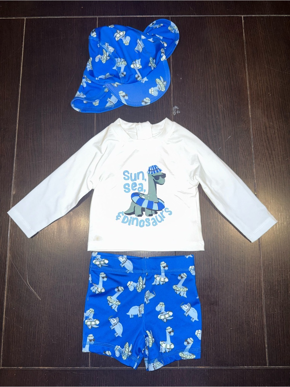 George White & Blue Dinosaur Rashguard Swim Set with Sun Hat